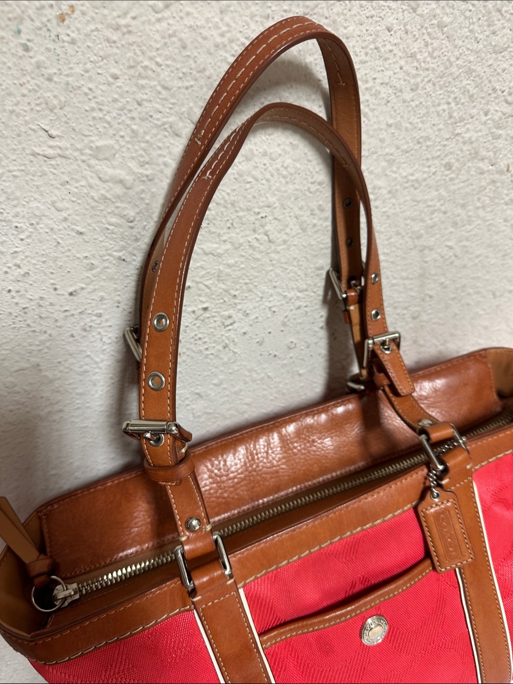 Coach Red Tote with Brown Leather Trim - Picture 5 of 16